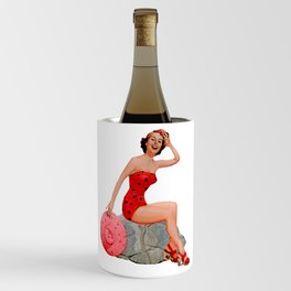 Sexy Brunette Pinup Girl in Red Skirt On The Rock Wine Chiller