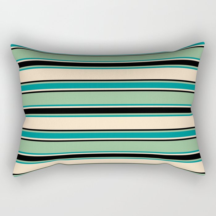 Dark Sea Green, Dark Cyan, Bisque, and Black Colored Striped Pattern Rectangular Pillow