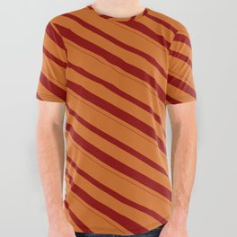 [ Thumbnail: Chocolate & Dark Red Colored Lines/Stripes Pattern All Over Graphic Tee ]