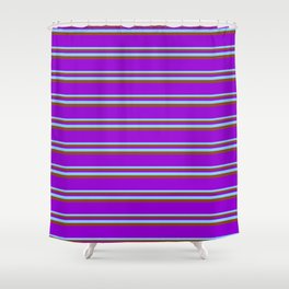 [ Thumbnail: Light Sky Blue, Brown, and Dark Violet Colored Pattern of Stripes Shower Curtain ]