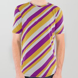 [ Thumbnail: Light Gray, Purple & Goldenrod Colored Lines Pattern All Over Graphic Tee ]
