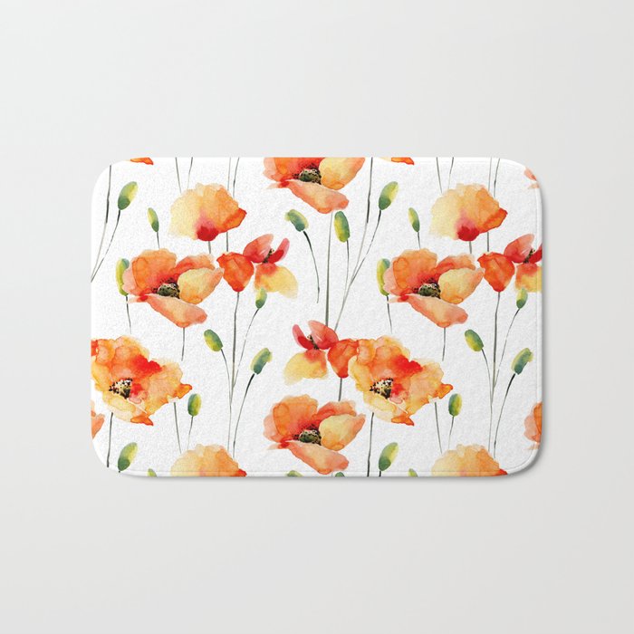 Hand Painted orange yellow watercolor poppies floral Bath Mat