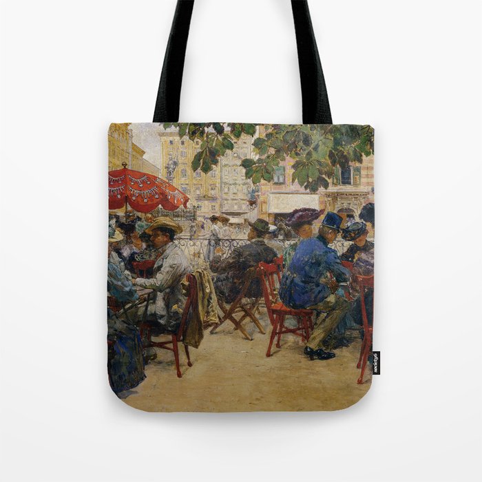 Victorian Sidewalk Cafe Tomaselli in Salzburg, Vienna European portrait painting by Theodor Josef Ethofer Tote Bag