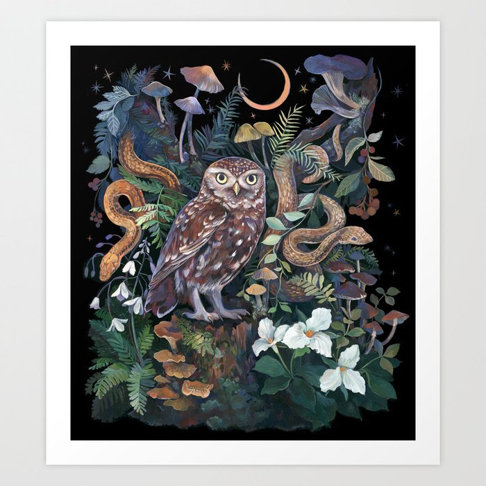 Owl and Snakes Mushroom forest Art Print