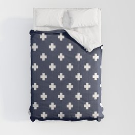 White Swiss Cross Pattern on Navy Blue background Comforter