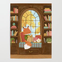 Cozy Autumn Library Fox Poster