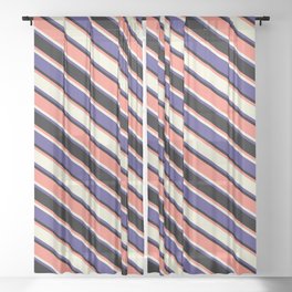 [ Thumbnail: Salmon, Beige, Dark Slate Blue & Black Colored Pattern of Stripes Sheer Curtain ]
