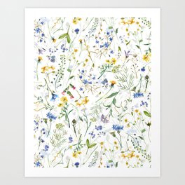 Scandinavian Midsummer Blue And Yellow Wildflowers Meadow  Art Print