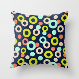 DROPS POLKA DOTS PATTERN in CHARTREUSE, SAND, MINT AND ORANGE ON DARK BLUE Throw Pillow
