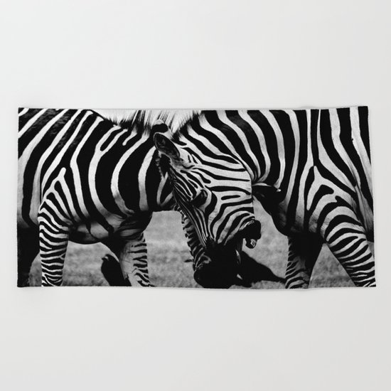 Let's Fight! // Wildlife Zebra Black Adn White Photography #society6 #art #prints Beach Towel