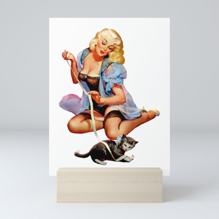 Sexy Blond Vintage Pinup Playing With a Cute Puppy Cat Mini Art Print