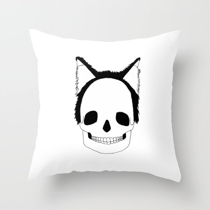 Skull with Cat Ears Throw Pillow