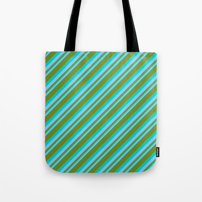 Sky Blue, Green & Dark Turquoise Colored Striped Pattern Tote Bag