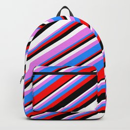 [ Thumbnail: Eyecatching Violet, Blue, Red, Black & White Colored Lines Pattern Backpack ]