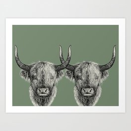 Scottish Highland Cows, pen and ink illustration, grassy green Art Print