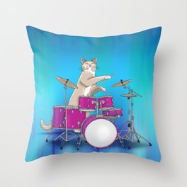 Cat Playing Drums - Blue Throw Pillow
