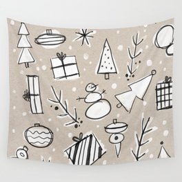 Christmas White and Kraft Sketches Wall Tapestry