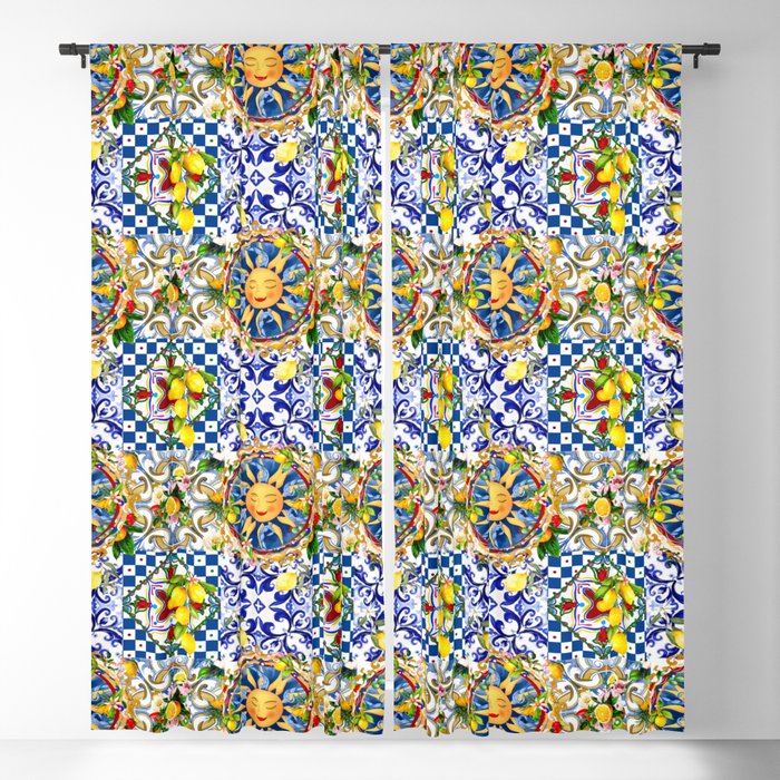 Sicilian sun,tiles,summer,majolica,lemon art Blackout Curtain