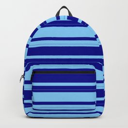[ Thumbnail: Dark Blue and Light Sky Blue Colored Stripes Pattern Backpack ]