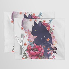 Black cat and moon, flowers and butterfly Placemat