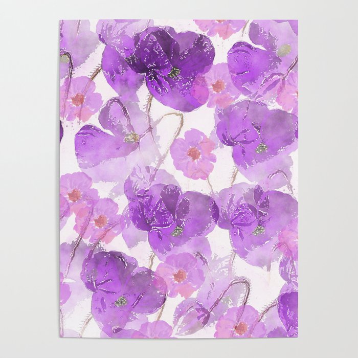 Abstract Lilac Violet Purple Watercolor Paint Poppies Poster