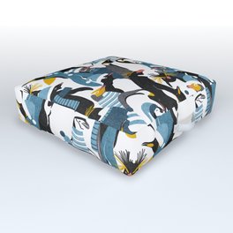 Merry penguins // black white grey dark teal yellow and coral type species of penguins blue dressed for winter and Christmas season (King, African, Emperor, Gentoo, Galápagos, Macaroni, Adèlie, Rockhopper, Yellow-eyed, Chinstrap) Outdoor Floor Cushion
