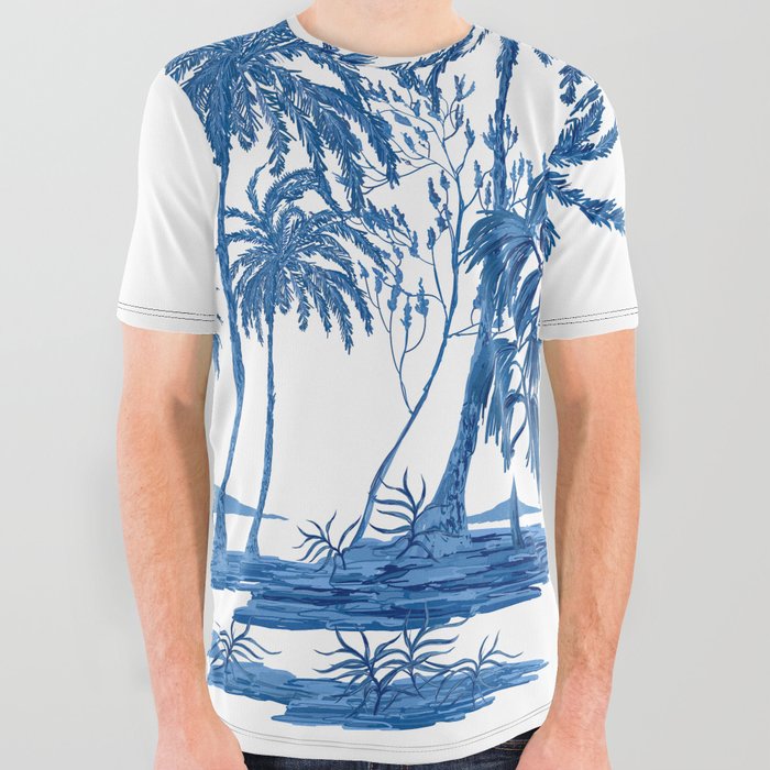 Vintage garden fruit trees, palm trees, sakura trees, plant floral seamless pattern on white background. Exotic blue chinoiserie hand drawn.  All Over Graphic Tee