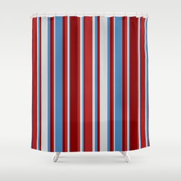 [ Thumbnail: Blue, Light Gray, Red, and Maroon Colored Pattern of Stripes Shower Curtain ]