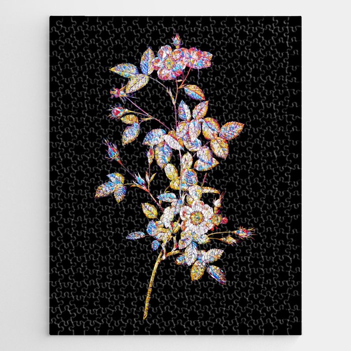 Floral Pink Pompon Rose Mosaic on Black Jigsaw Puzzle