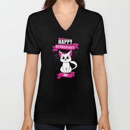 Pet Cat Animal Hearts Meow Happy Valentines Day V Neck T Shirt