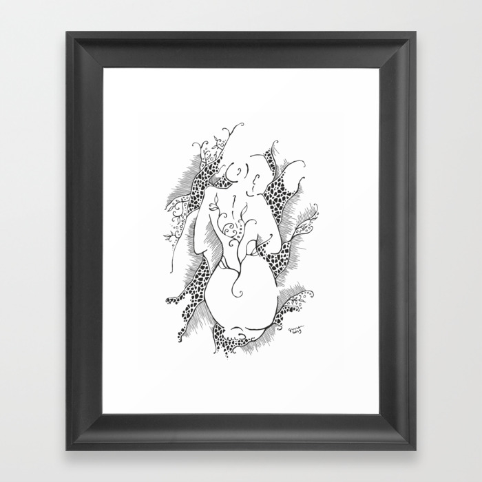 Female nude sketch woman from back black and white ink drawing framed art print