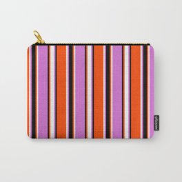 [ Thumbnail: Red, Black, Orchid, and White Colored Stripes Pattern Carry-All Pouch ]