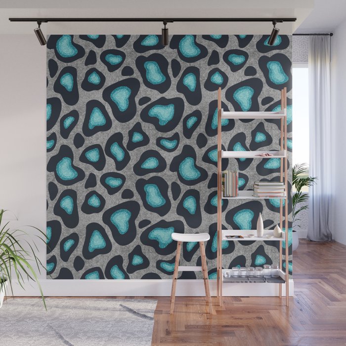 Snow Leopard Pattern Teal Wall Mural