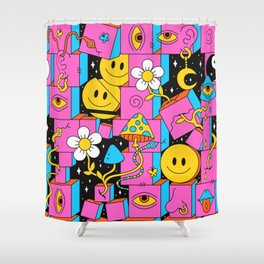 Space trippy 60s style psychedelic geometry seamless pattern art. crazy illustration. Smiley groovy faces, magic mushrooms, space, techno, acid, trippy style seamless pattern wallpaper print concept Shower Curtain