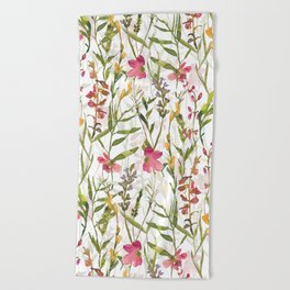 Hand Painted Blush And Pink Watercolor Midsummer Wildflowers Meadow Beach Towel