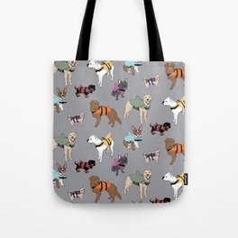 Dog Sharks (dogs in shark life-jackets) on grey Tote Bag