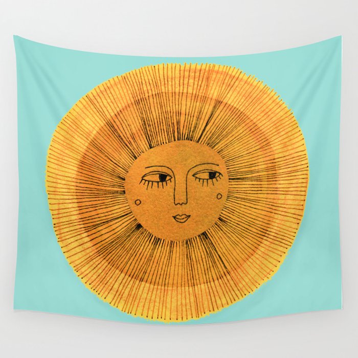 Sun Drawing Gold and Blue Wall Tapestry
