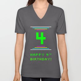 [ Thumbnail: 4th Birthday - Nerdy Geeky Pixelated 8-Bit Computing Graphics Inspired Look V Neck T Shirt V-Neck T-Shirt ]