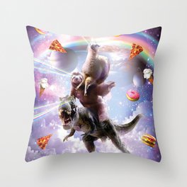 Laser Eyes Space Llama On Sloth Dinosaur - Rainbow Throw Pillow