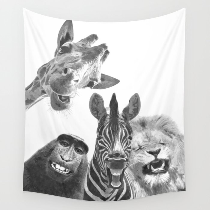 Black and White Jungle Animal Friends Wall Tapestry