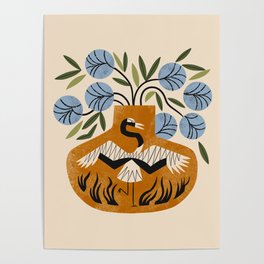 Blue Peonies And Crane Vase Poster
