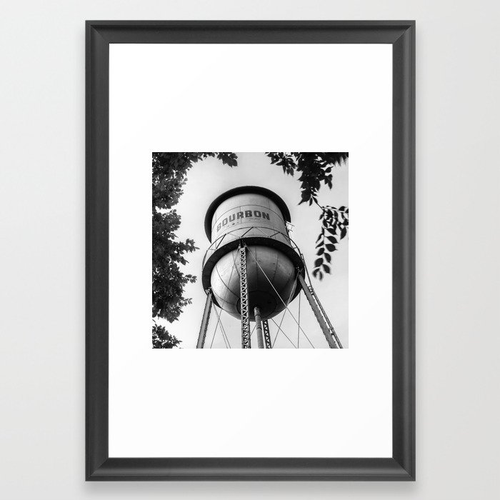 Vintage Bourbon Whiskey Water Tower Surrounded by Foliage - Square Monochrome Framed Art Print