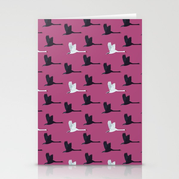 Flying Elegant Swan Pattern on Magenta Background Stationery Cards