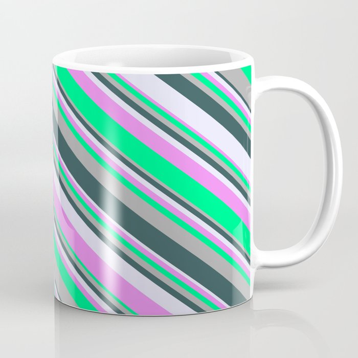 Eyecatching Dark Gray, Dark Slate Gray, Lavender, Violet, and Green Colored Striped Pattern Coffee Mug