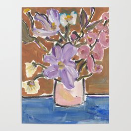 Abstract Floral Still Life Blue, Brown, and Purple Acrylic Painting  Poster