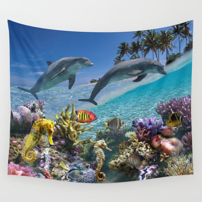 Coral Reef and Dolphins Wall Tapestry