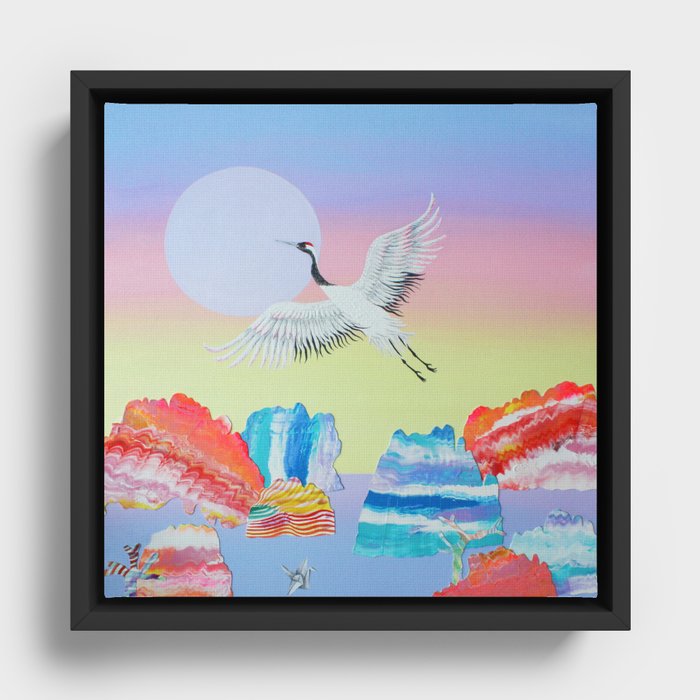 In Flight  - Crane in Sunset Landscape - acrylic on canvas Framed Canvas