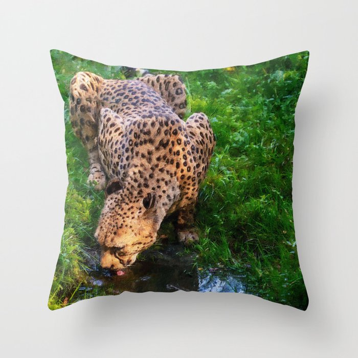 Oil painting thirsty cheetah Throw Pillow