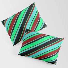 [ Thumbnail: Turquoise, Black, Green, and Dark Red Colored Lined Pattern Pillow Sham ]