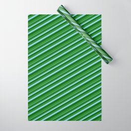 [ Thumbnail: Sky Blue, Dark Green, and Forest Green Colored Lined Pattern Wrapping Paper ]